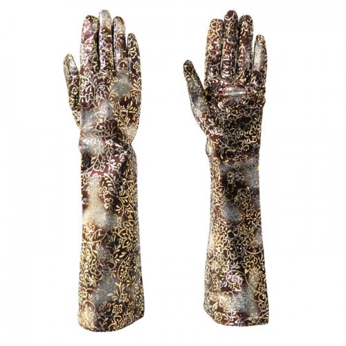 Дълги дамски ръкавици PAULA VENTI модел LAURA естествена кожа златисти цветя лазер