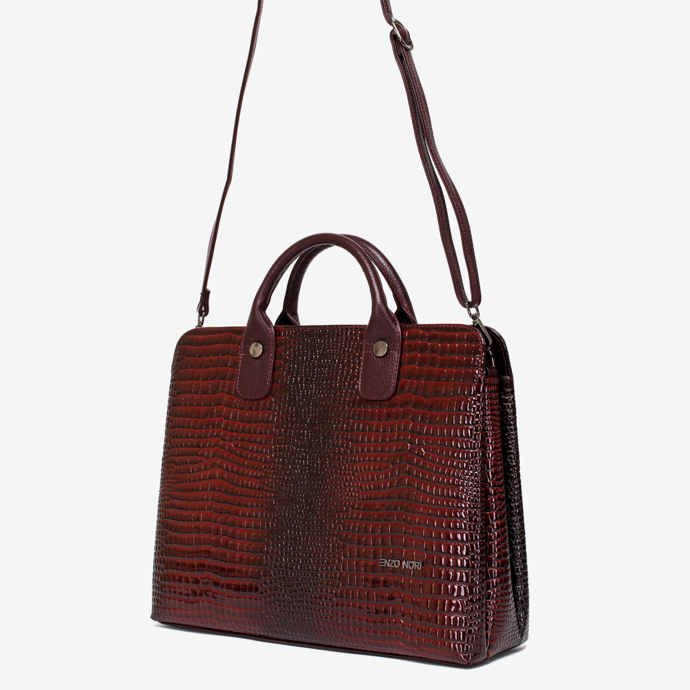 Дамска бизнес чанта ENZO NORI модел LULU естествена кожа бордо кроко лак