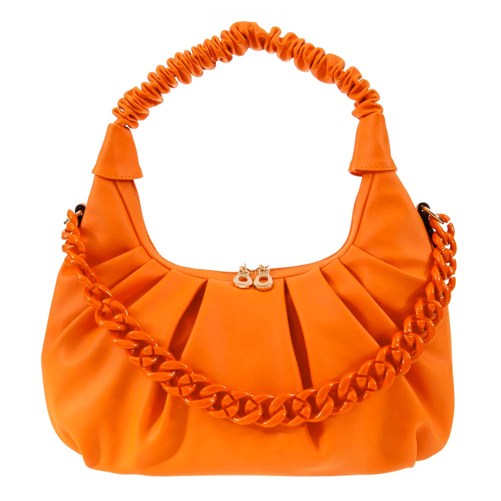 Дамска чанта Paula Venti от еко кожа с набрана дръжка и верижка оранжева