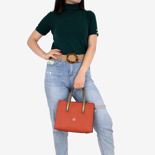 Малка дамска чанта еко кожа PAULA VENTI модел ROSSI червен със зелени дръжки