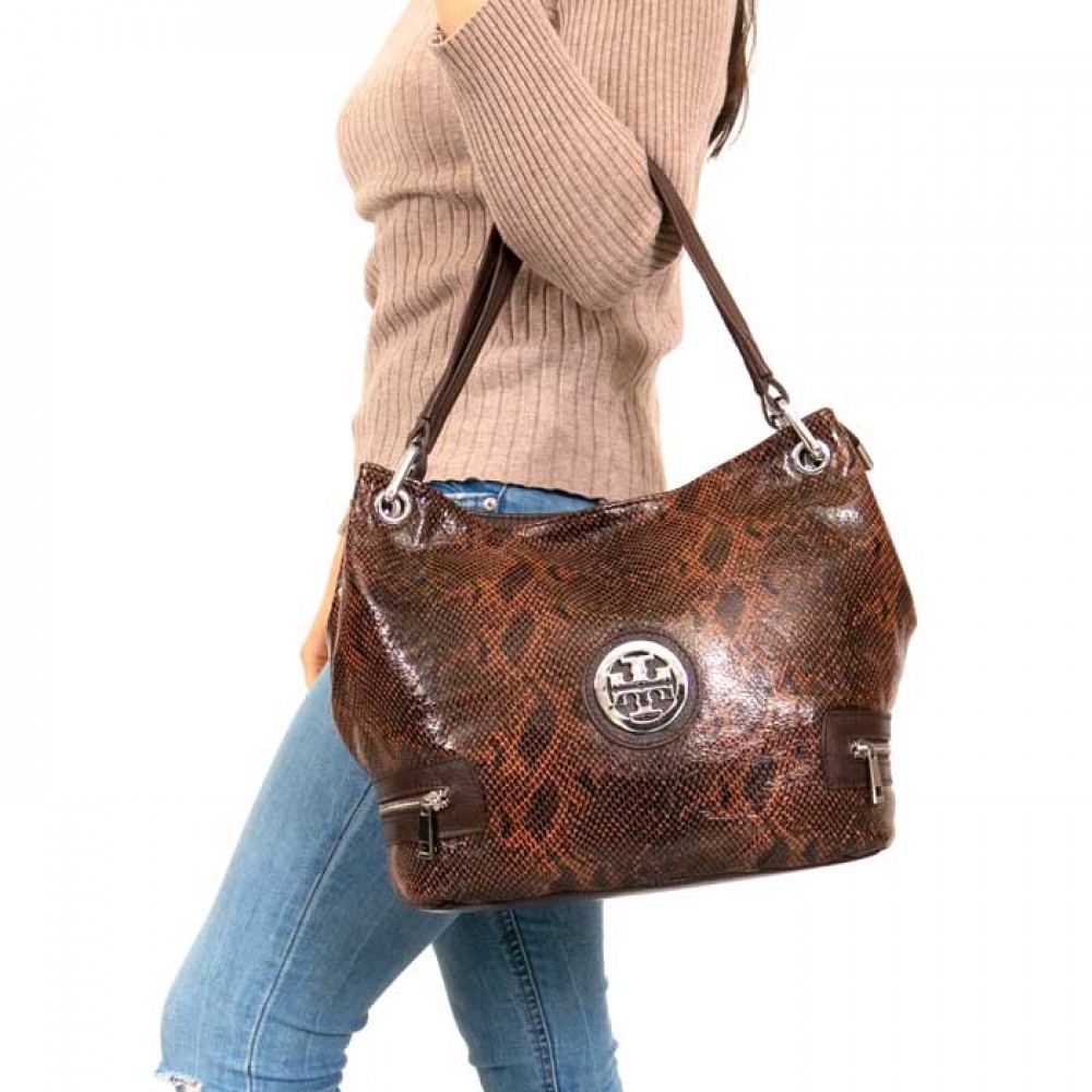 Елегантна дамска чанта PAULA VENTI модел GIANNA естествена кожа цвят кафяв змийски лазер