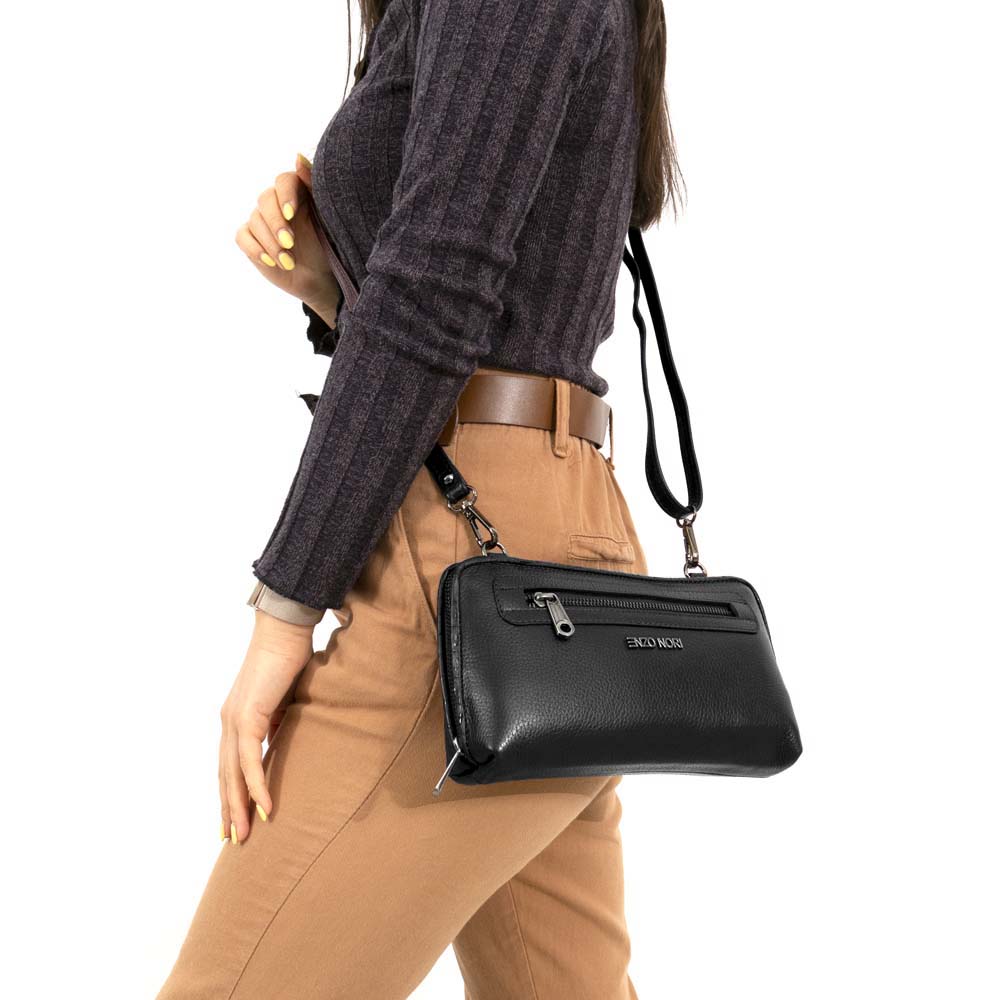 Малка дамска чанта ENZO NORI модел ANGELA естествена кожа черен
