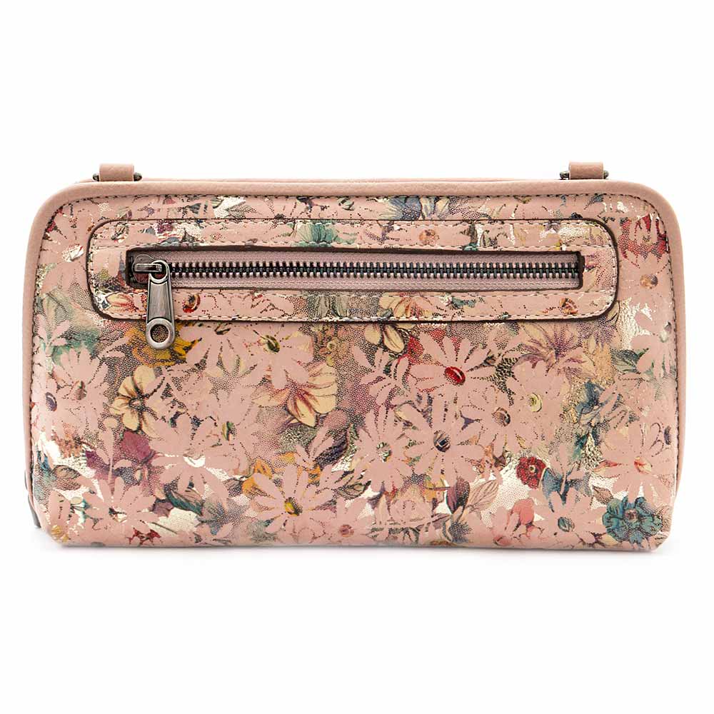 Малка дамска чанта тип портмоне ENZO NORI от естествена кожа с дълга дръжка розова с лазерна обработка на цветя