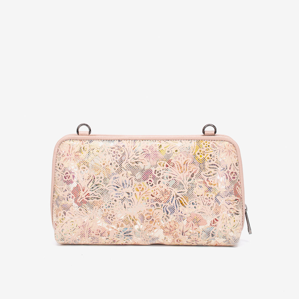 Малка дамска чанта ENZO NORI модел ANGELA естествена кожа розов с цветя 