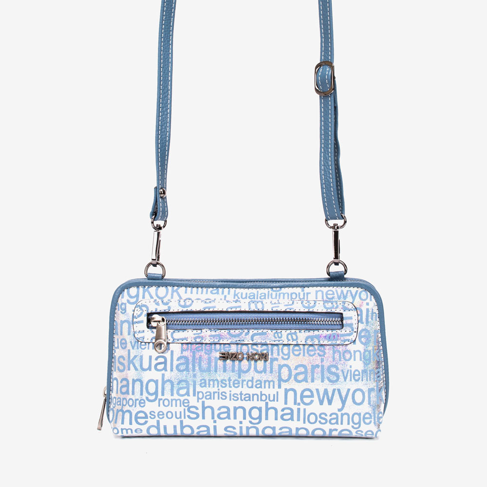 Малка дамска чанта ENZO NORI модел ANGELA естествена кожа син с надписи
