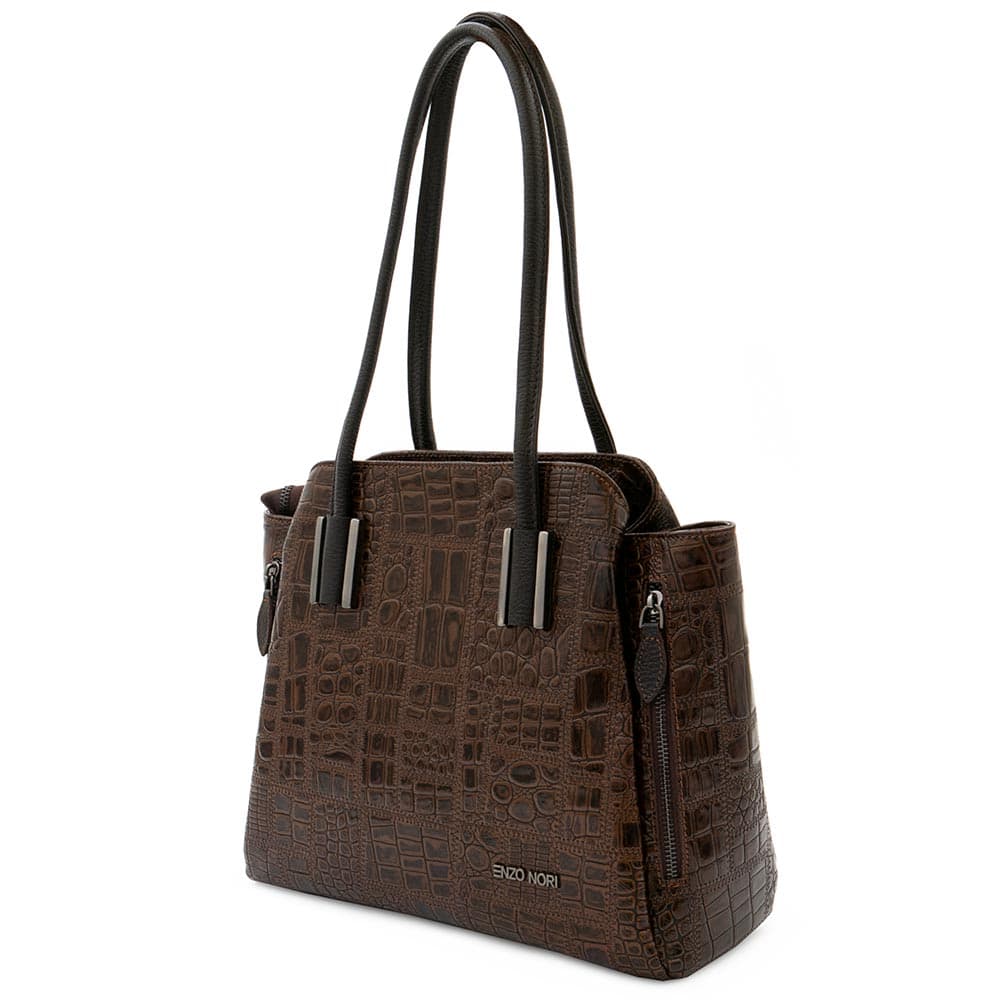 Практична дамска чанта ENZO NORI модел LARA от естествена фина напа кожа цвят тъмно кафяв кроко лак