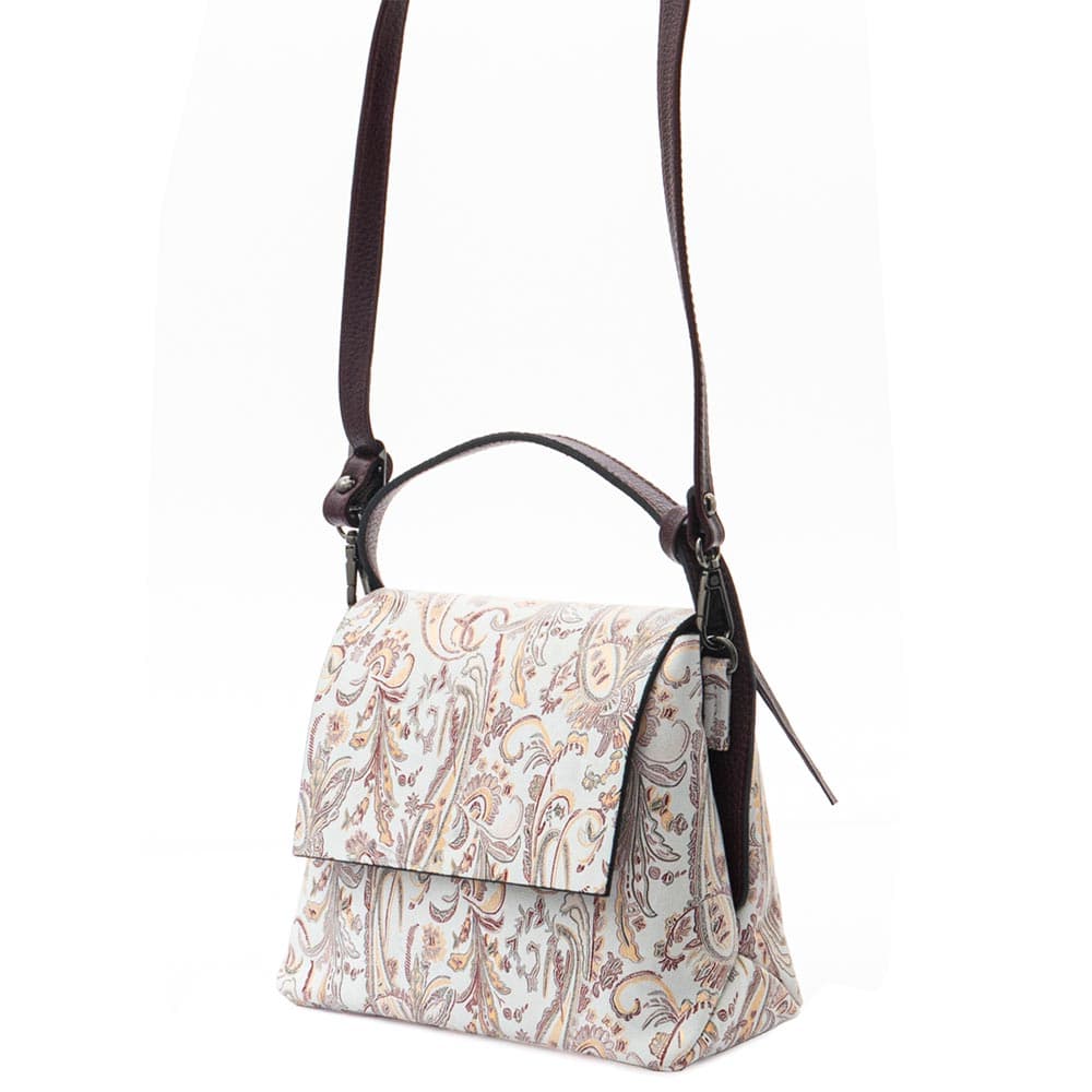 Красива дамска чанта PAULA VENTI от естествена кожа модел JEWEL с подвижна кожена  дълга дръжка цвят бял бордо с цветя лазер