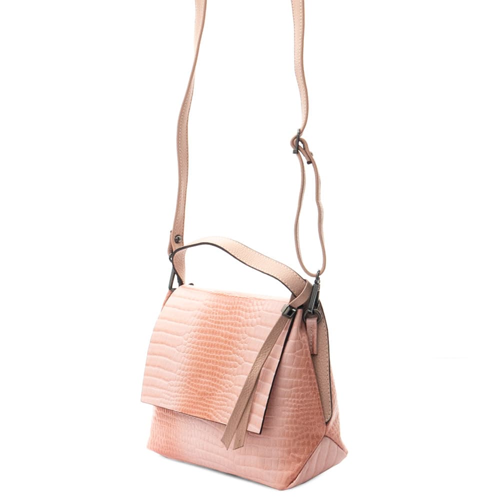 Дамска чанта с капак PAULA VENTI от естествена кожа модел JEWEL с подвижна кожена дръжка цвят розов кроко лазер