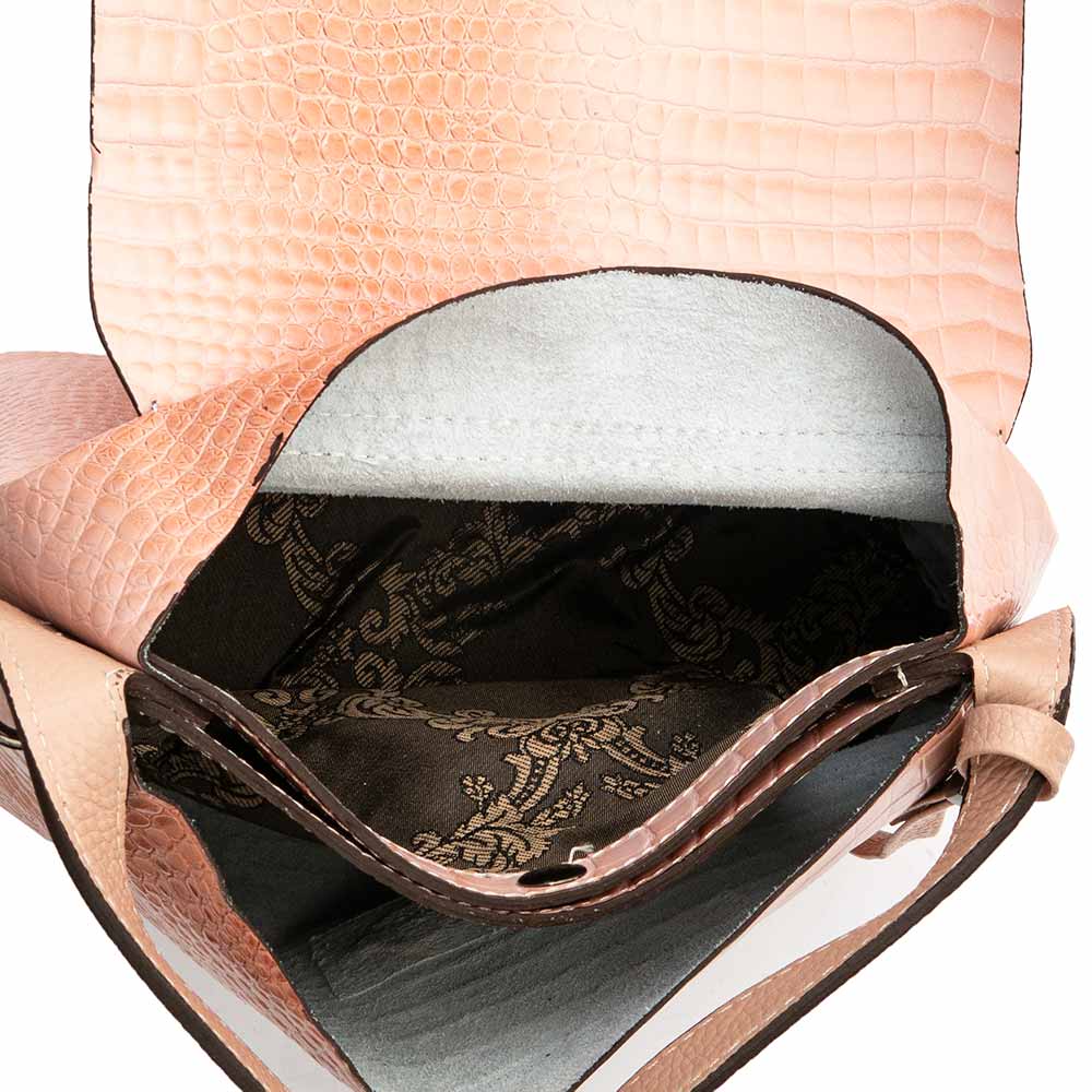 Дамска чанта с капак PAULA VENTI от естествена кожа модел JEWEL с подвижна кожена дръжка цвят розов кроко лазер