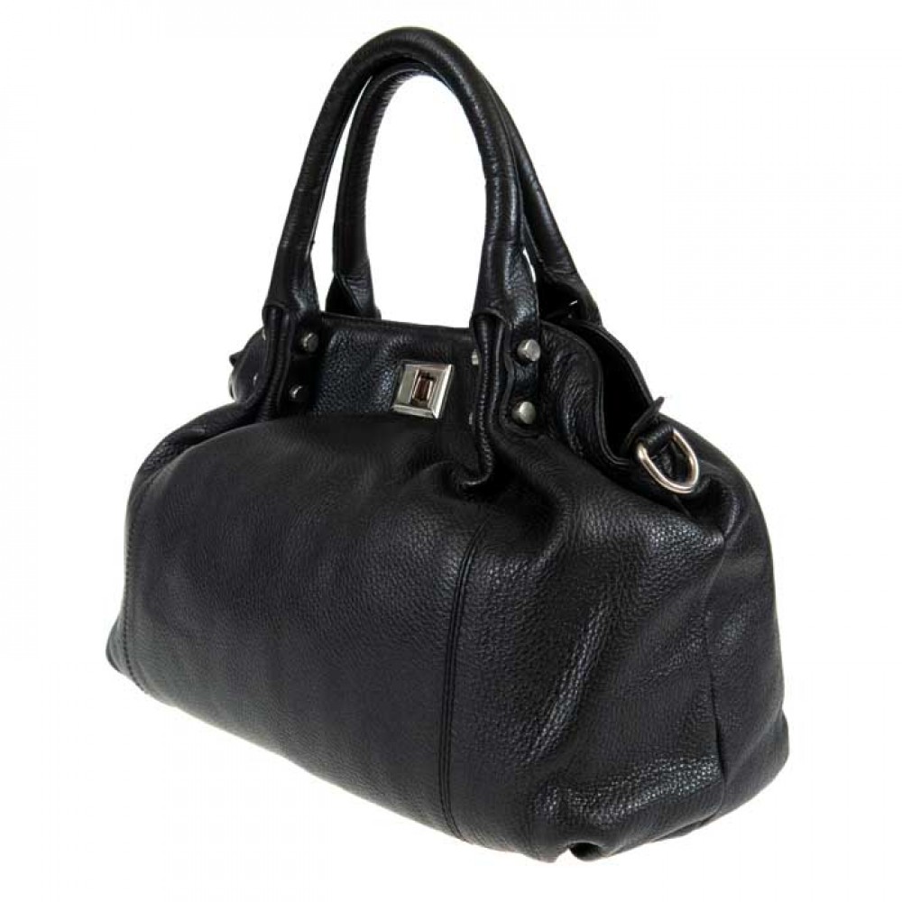 Черна дамска чанта PAULA VENTI естествена кожа със здрави къси дръжки и въртяща закопчалка