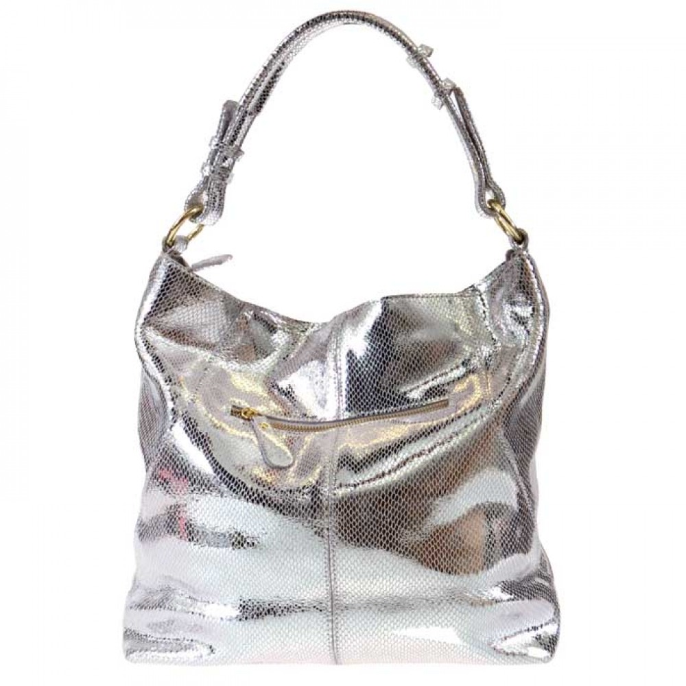 Актуална дамска чанта тип торба PAULA VENTI модел PERLITA естествена кожа цвят сребрист змийски лазер