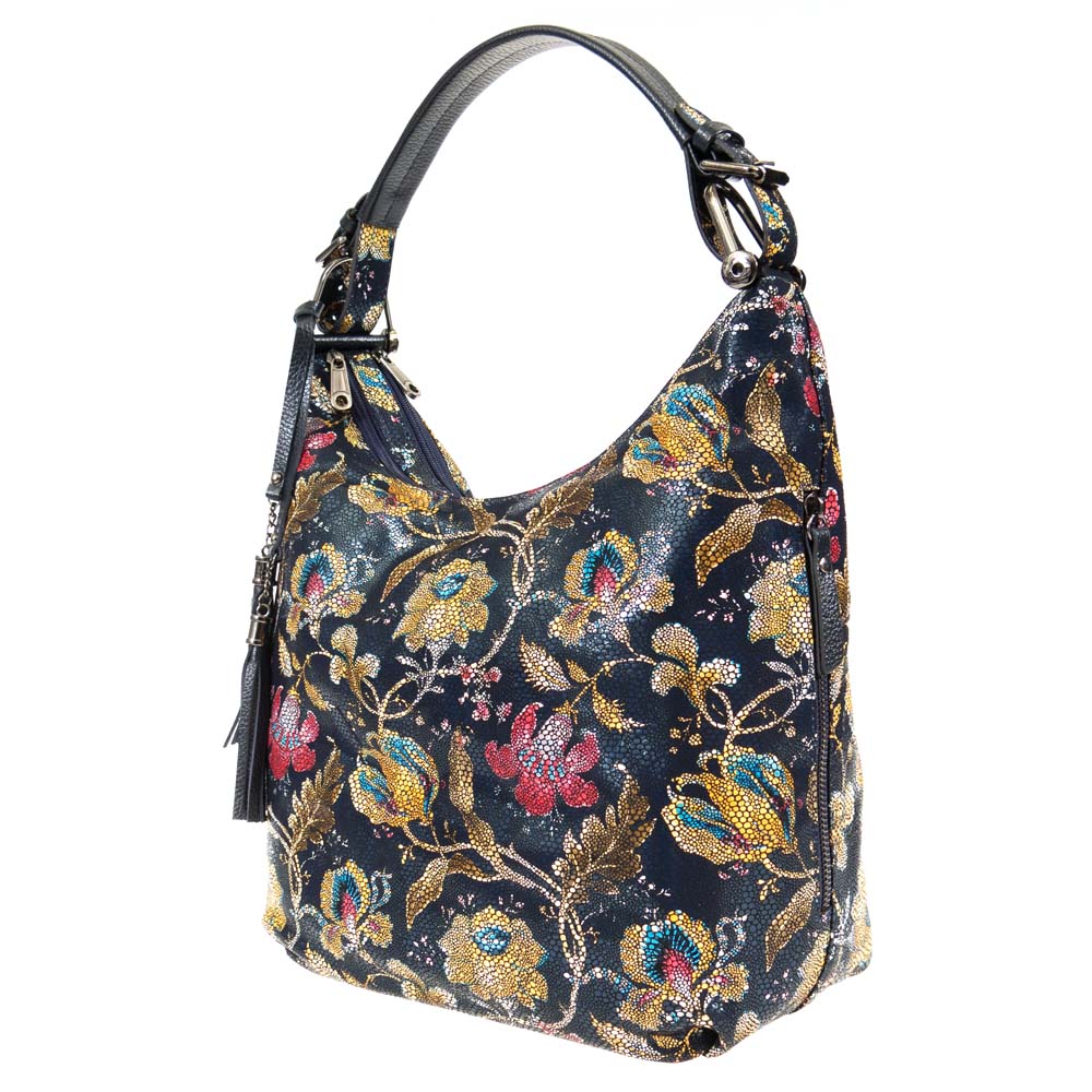 Ежедневна дамска чанта тип торба ENZO NORI модел LALIA естествена кожа цвят син с цветя