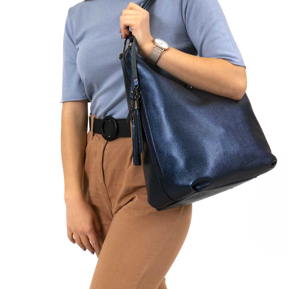 Елегантна дамска чанта тип торба ENZO NORI модел LALIA естествена кожа цвят син искрящ