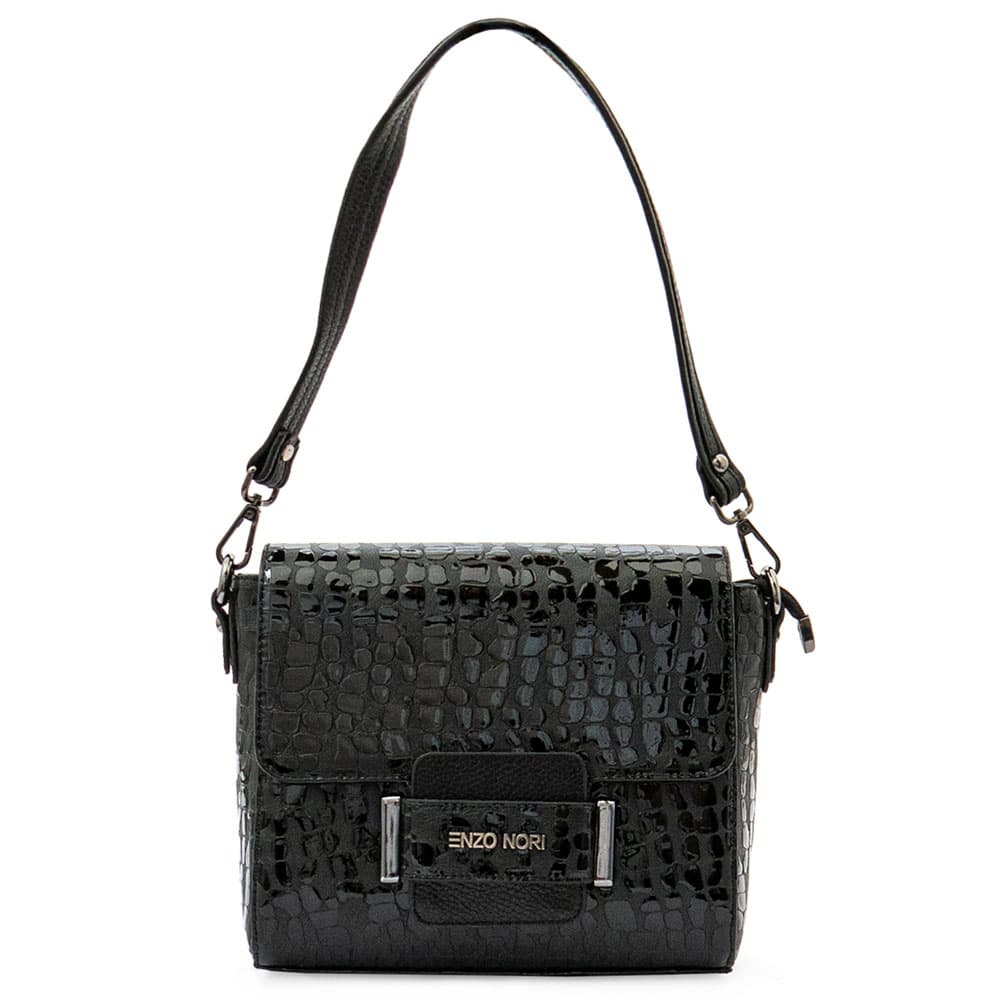 Малка черна дамска кожена чанта ENZO NORI модел MARTINA естествена кожа цвят черен квадрати лазер