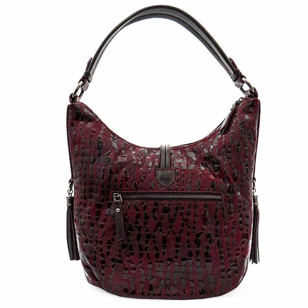 Красива дамска чанта от естествена фина напа кожа ENZO NORI модел MIA цвят бордо квадрати лазер