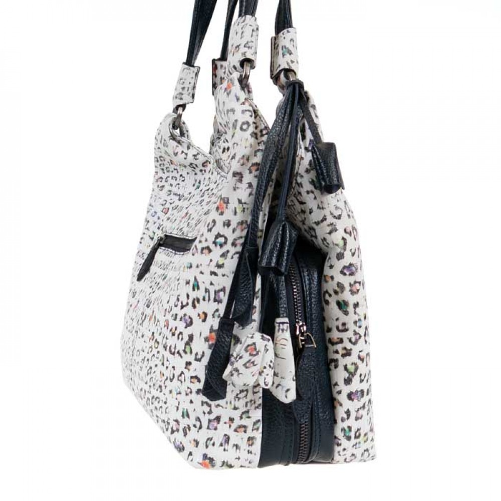 Дамска чанта ENZO NORI модел ROSE естествена кожа бял-син принт