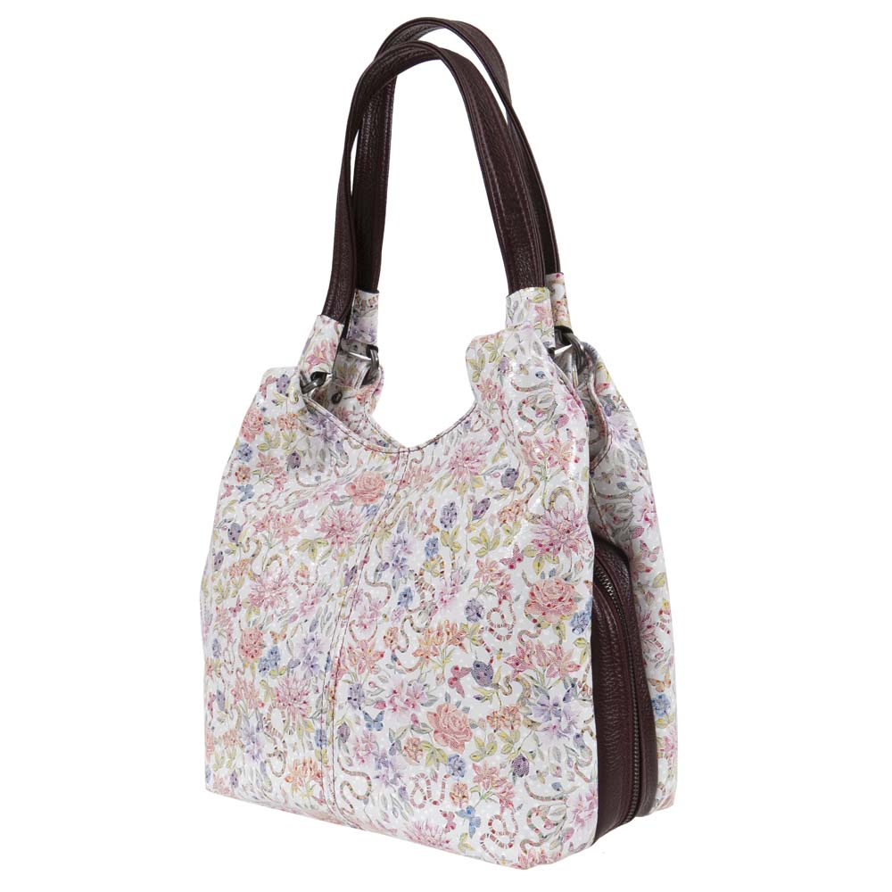 Дамска чанта ENZO NORI модел ROSE естествена кожа бял-бордо с цветя