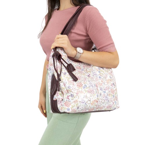 Дамска чанта ENZO NORI модел ROSE естествена кожа бял-бордо с цветя