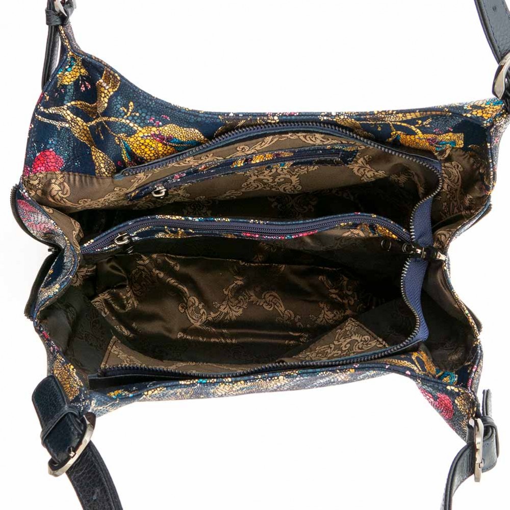 Дамска чанта ENZO NORI модел CAPRICE естествена кожа син с цветя