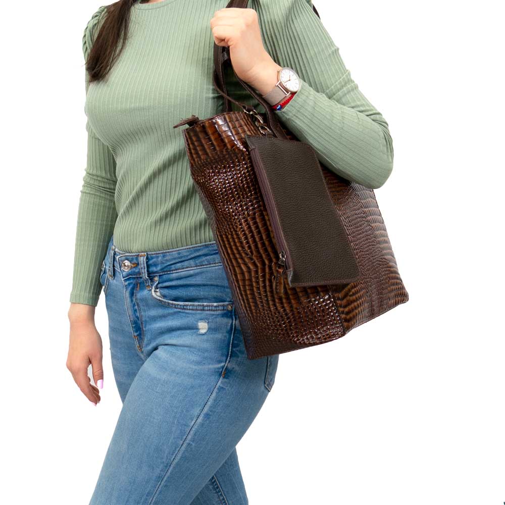 Дамска чанта ENZO NORI от естествена кожа с дълги здрави дръжки кафяв кроко лак