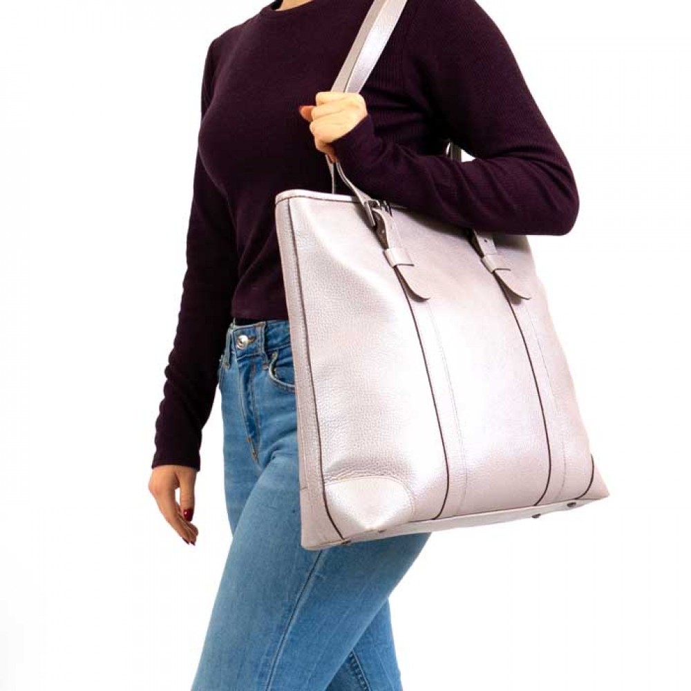 Голяма дамска чанта ENZO NORI модел SANDRA естествена кожа цвят бледо розов искрящ