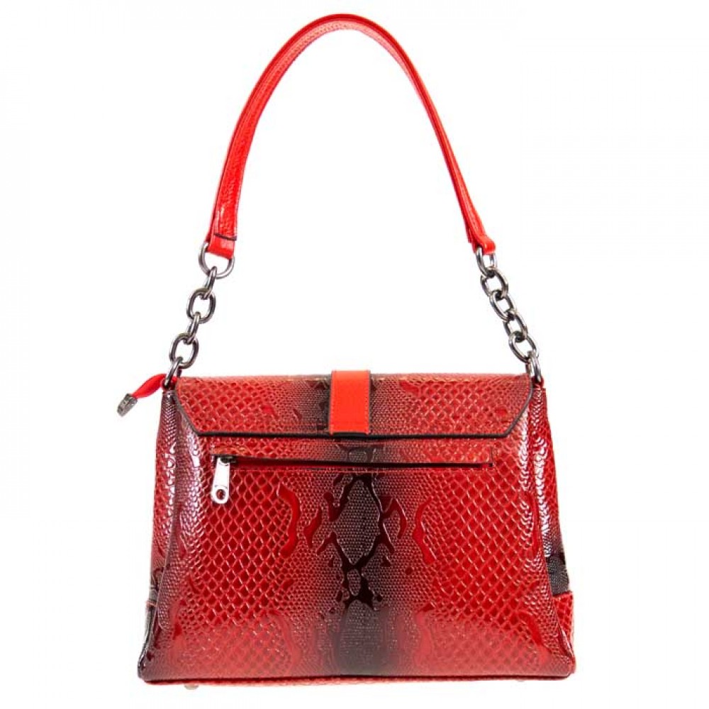 Изящна дамска кожена чанта ENZO NORI модел GILDA естествена кожа цвят червен змийски лазер лак