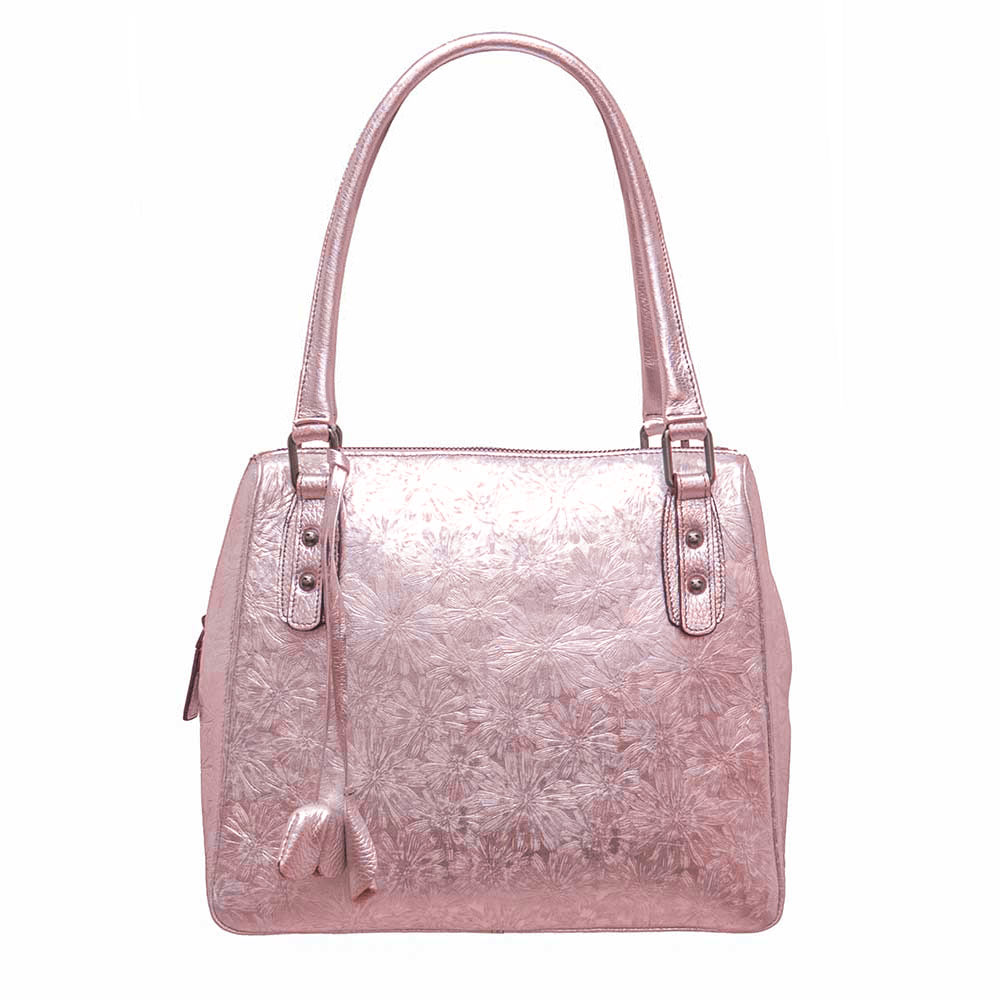 Изискана дамска кожена чанта ENZO NORI модел NOTA естествена кожа цвят розови цветя лазер