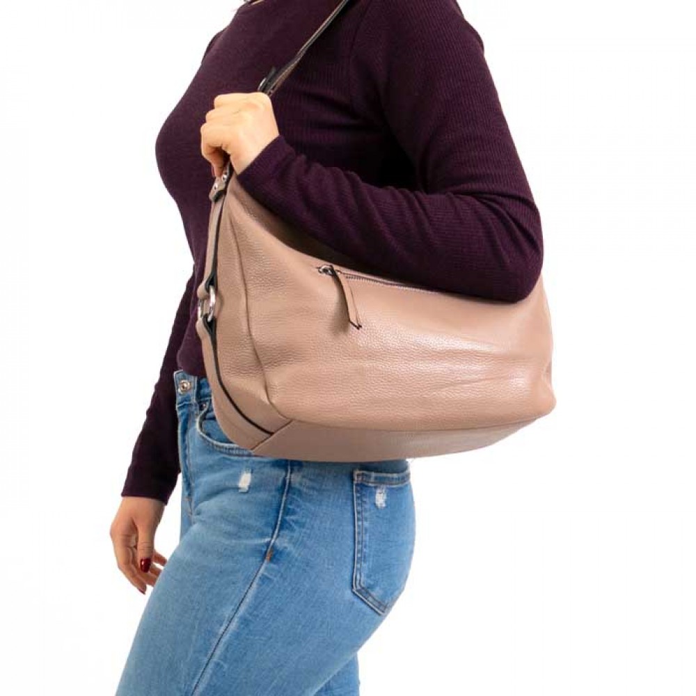 Практична дамска чанта ENZO NORI модел GENEVA естествена фина напа кожа цвят бежов