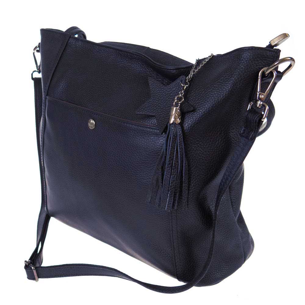 Голяма дамска чанта тъмно синя ENZO NORI от естествена кожа с дълги здрави дръжки