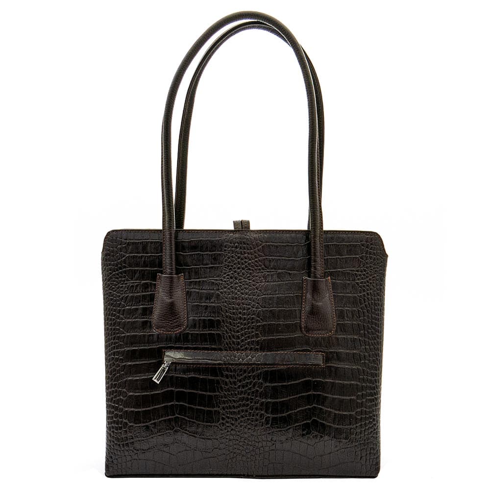 Луксозна дамска чанта ENZO NORI модел ALLEGRA от естествена фина напа кожа цвят тъмно кафяв кроко лак