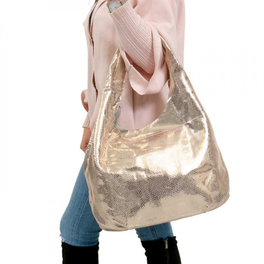 Атрактивна дамска чанта PAULA VENTI модел GRAZIELLA естествена кожа цвят златен змийски лазер