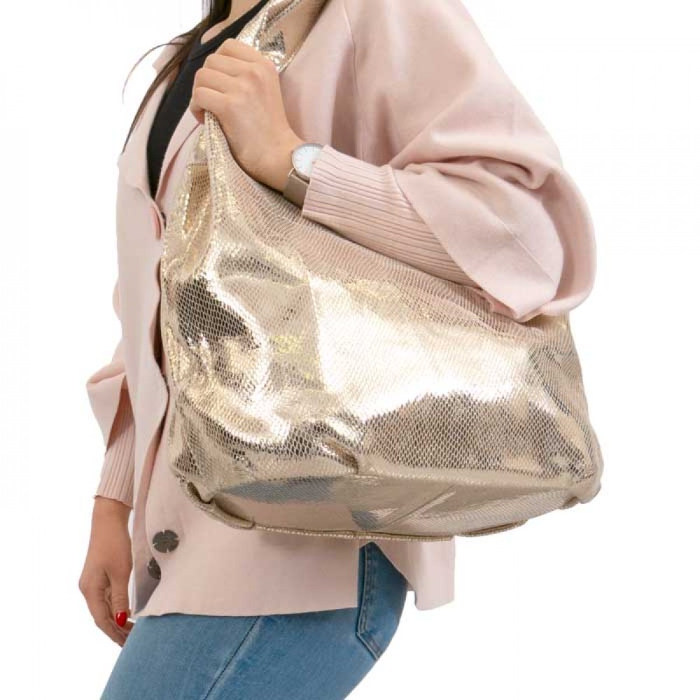 Атрактивна дамска чанта PAULA VENTI модел GRAZIELLA естествена кожа цвят златен змийски лазер