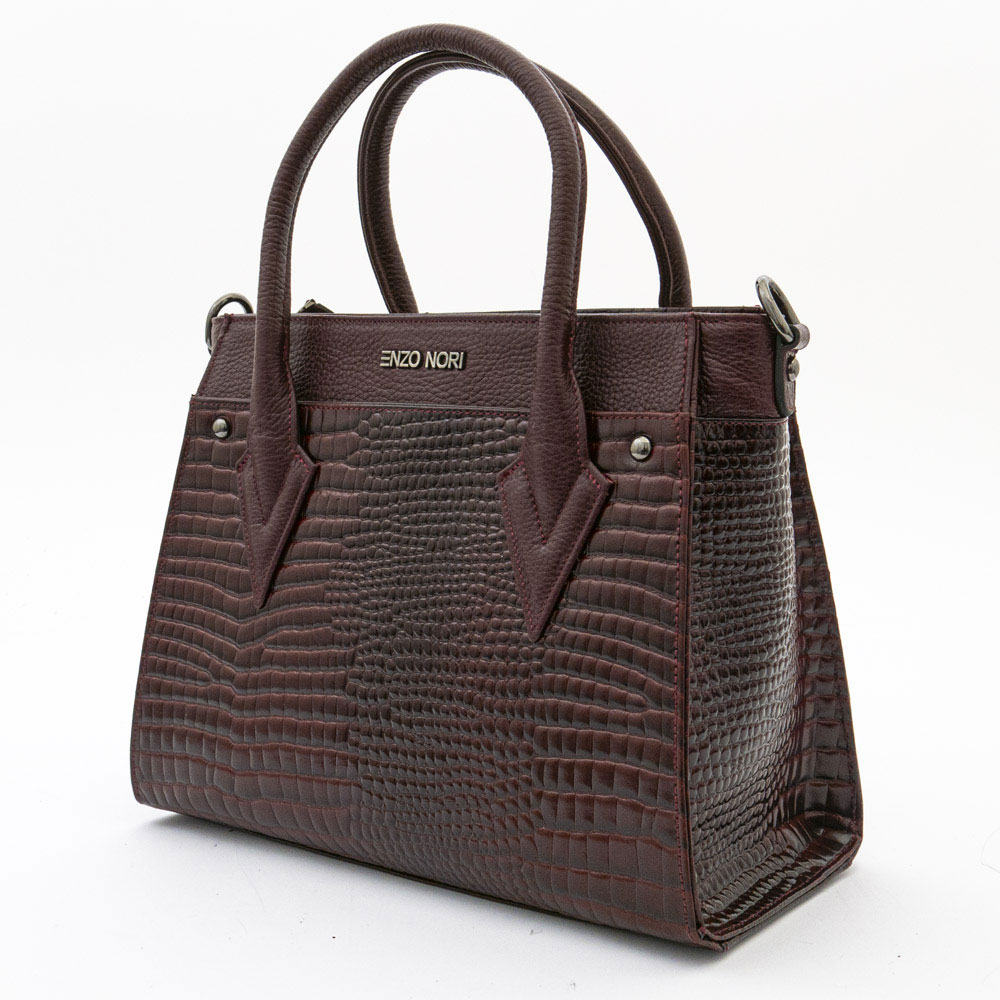 Елегантна дамска чанта от естествена кожа ENZO NORI модел LETIZIA цвят бордо кроко лак