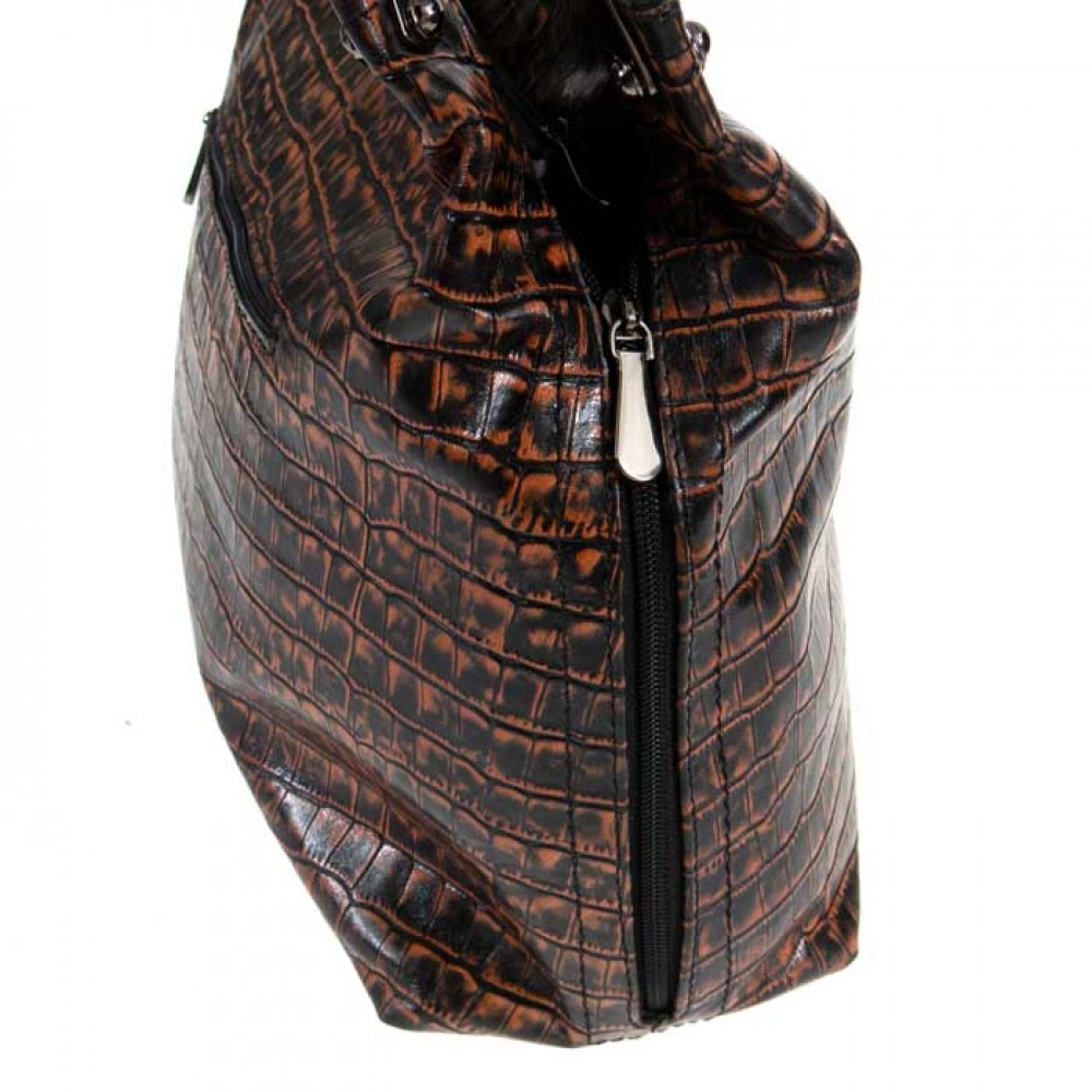 Елегантна дамска чанта PAULA VENTI модел ADHARA естествена кожа цвят черно оранжев кроко лак