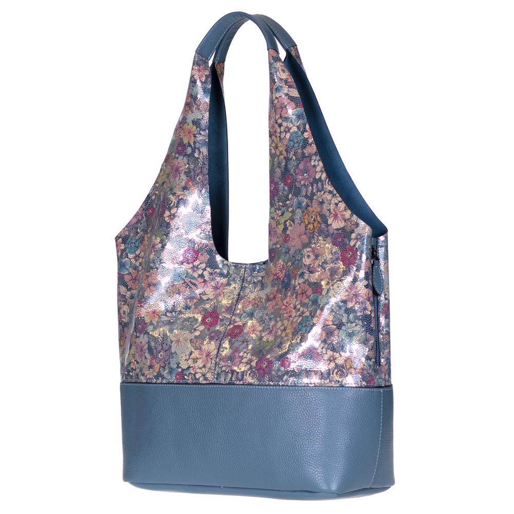 Голяма дамска чанта тип торба ENZO NORI от естествена кожа син с лазерна обработка на цветя