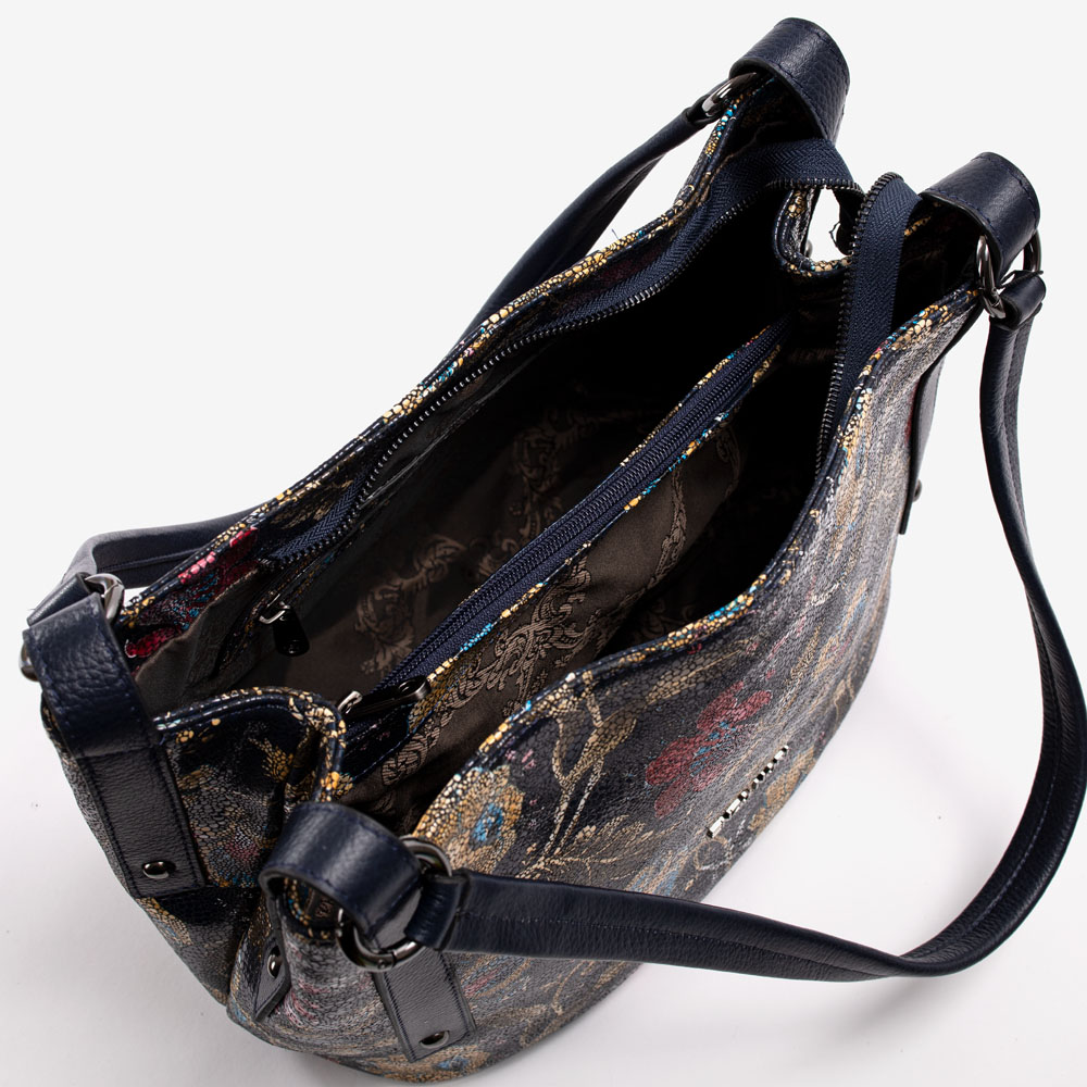 Дамска чанта ENZO NORI модел SUZANA естествена кожа син с цветя