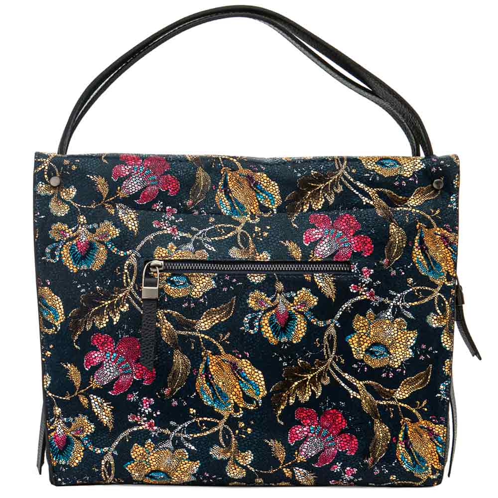 Елегантна дамска чанта от естествена фина напа кожа ENZO NORI модел ALANA цвят син с цветя