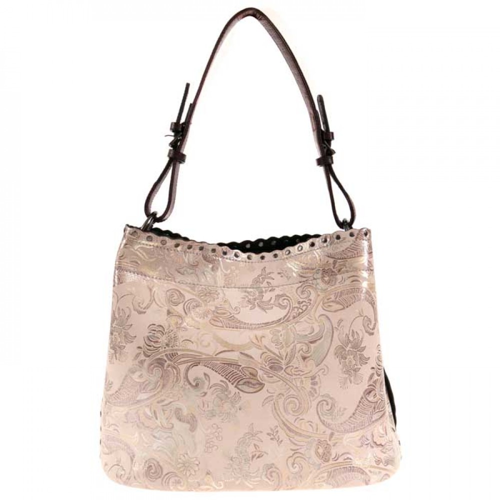 Елегантна дамска чанта ENZO NORI модел FLORENTINA естествена фина напа кожа цвят бежов с цветя