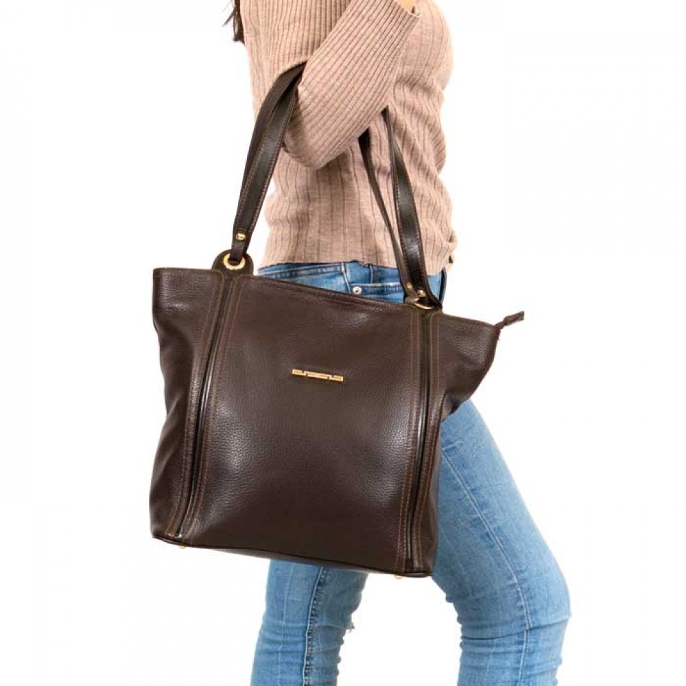 Класическа дамска чанта PAULA VENTI модел LOREDANA естествена кожа цвят кафяв 