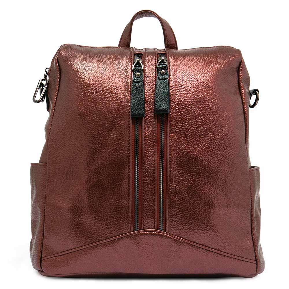 Модерна дамска раница дамска чанта 2 в 1 PAULA VENTI модел ZIPPER от еко кожа цвят червен искрящ