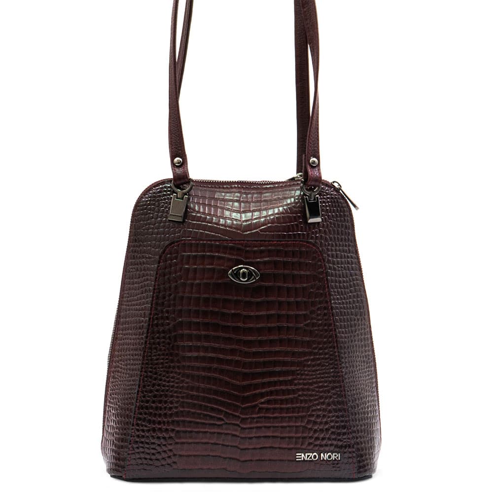 Модерна дамска кожена раница дамска чанта 2 в 1 ENZO NORI модел LIMA естествена кожа цвят бордо кроко лак