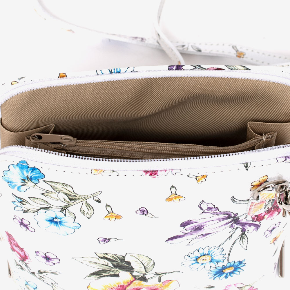 Малка дамска чанта модел CALDO италианска естествена кожа бял с цветя
