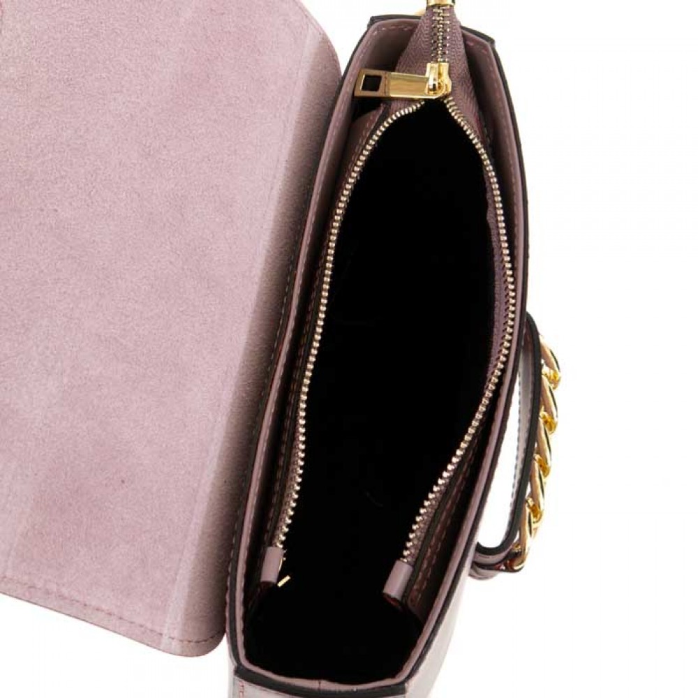 Малка лилава дамска чанта от естествена кожа с капак и твърда структура