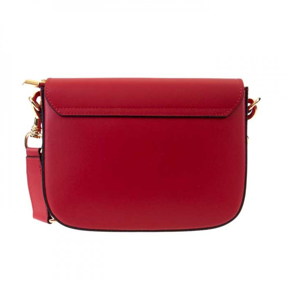 Малка червена дамска чанта от естествена кожа с твърда структура и капак
