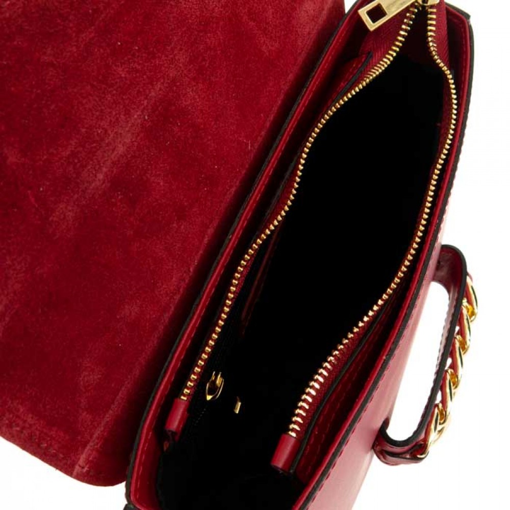 Малка червена дамска чанта от естествена кожа с твърда структура и капак