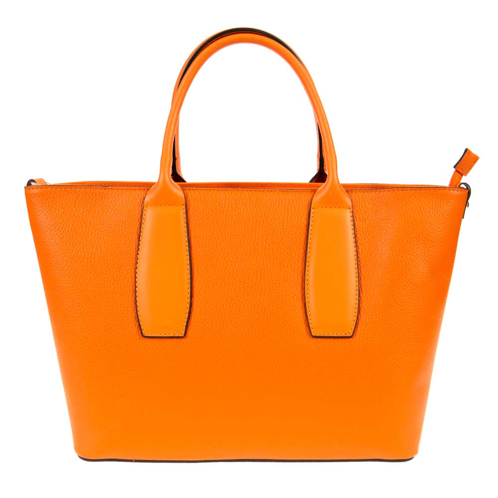 Голяма дамска чанта от естествена кожа със здрави къси дръжки оранжева