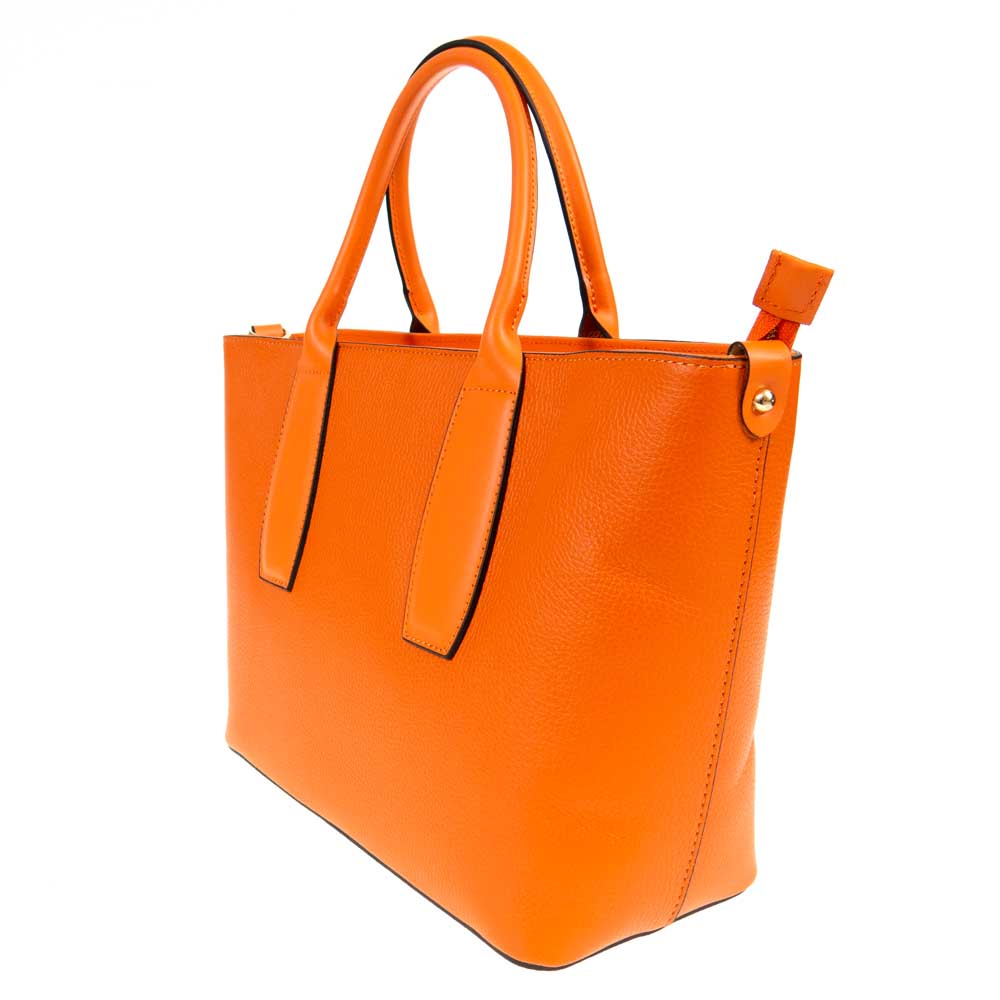 Голяма дамска чанта от естествена кожа със здрави къси дръжки оранжева