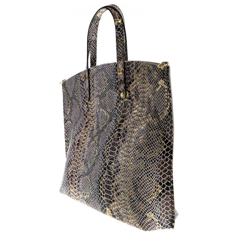 Голяма дамска чанта тип торба от италианска естествена кожа модел VERONA цвят златист змийски лазер