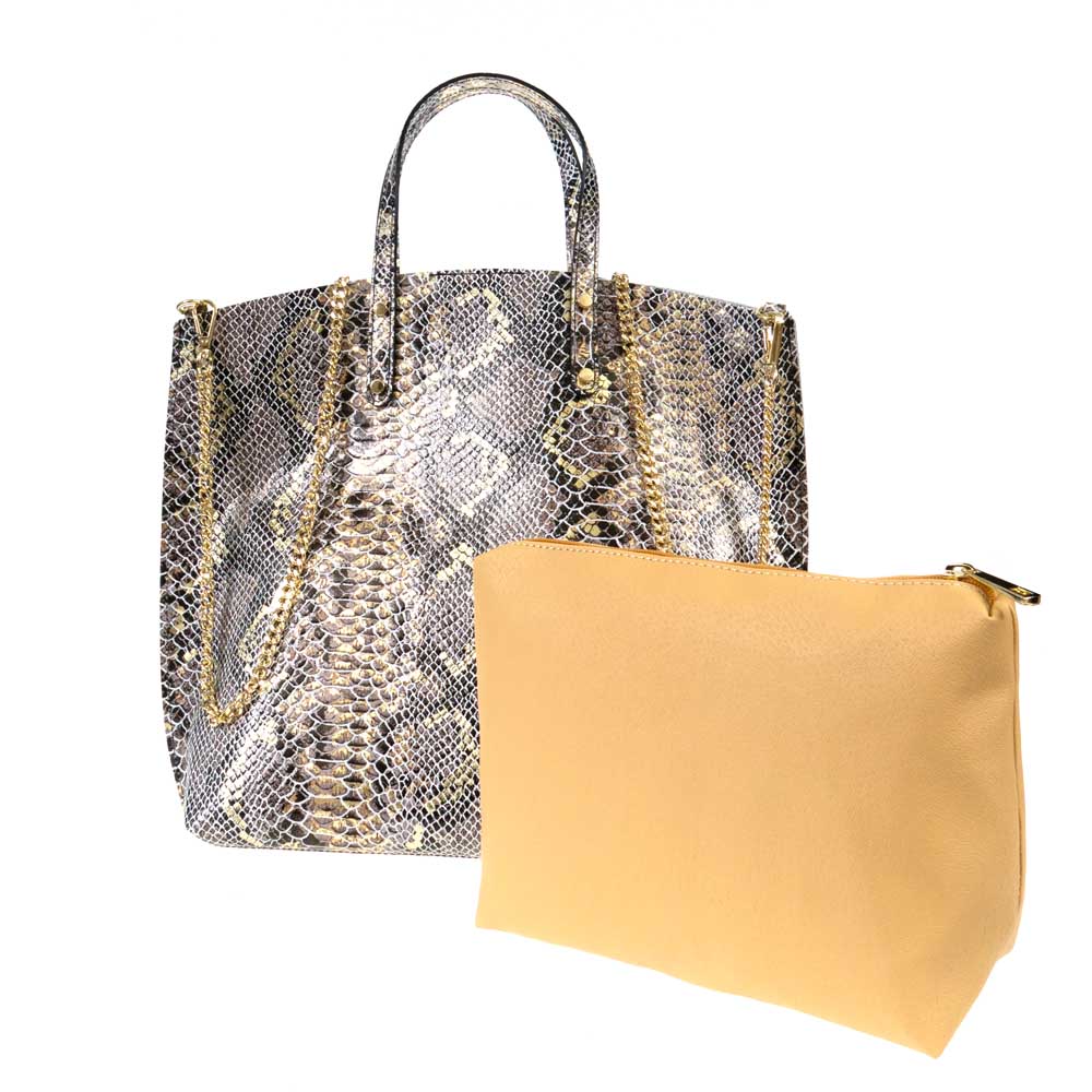 Голяма дамска чанта тип торба от италианска естествена кожа модел VERONA цвят златист змийски лазер