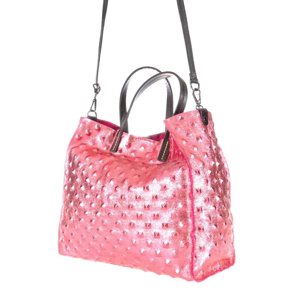 Голяма дамска чанта тип торба от естествена кожа с подвижен несесер розов искрящ хамелеон